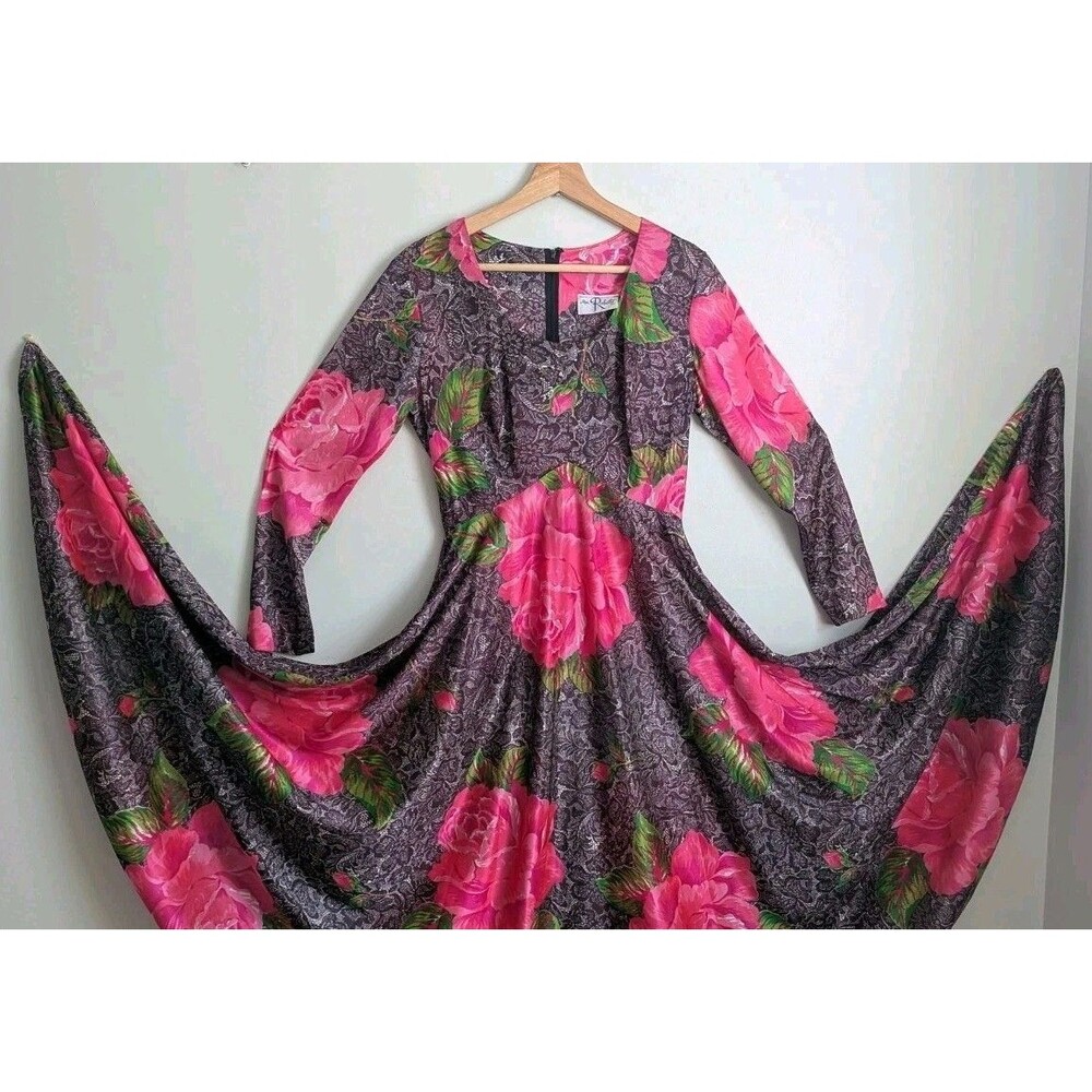 Vtg 70s Gypsy Rose Lace Floral Print Midi Dress Full Circle Skirt Dance 6 8